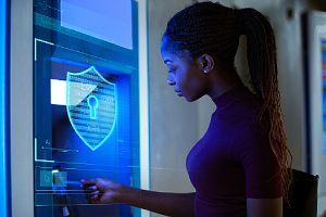 Customer using cash machine that has data protection icon. Digital transformation focuses on preventing fraud