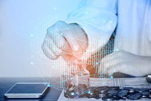 Digital transformation concept. Double exposure image of a person counting coins and digital graphic