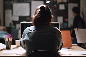 Person at desk talking on the phone