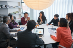 Team members are having a meeting.