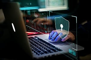 a person at a laptop at a nonprofit with the risk of data breaches