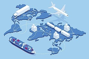 a world map with trucks boats and trains as a Manufacturing M&A concept