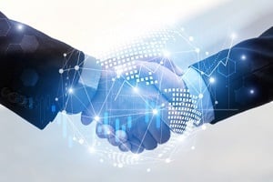 business man handshake with effect global world map network