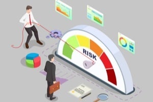 businessman turning risk meter arrow back with rope