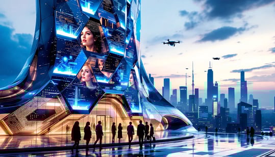 AI applications in property management, showcasing smart buildings and tenant communications.