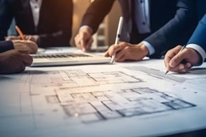 engineer and architects drawing plan on blue print