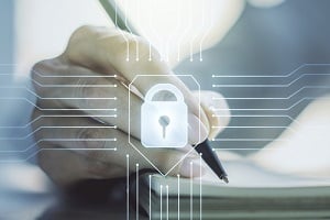 lock illustration with microcircuit and woman hand writing in diary