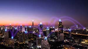 Network across a city showing the range of a company's telecom system