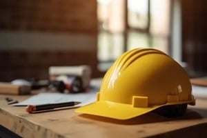 yellow helmet on construction desk
