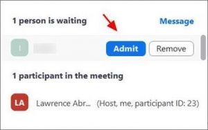 Click the 'Admit' button to let someone into the Zoom call 
